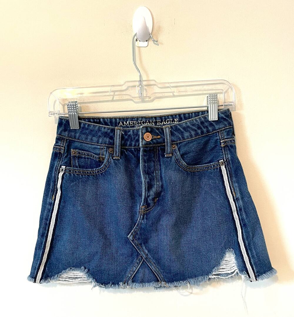 American Eagle High Rise Festival Mini Stripe Denim Skirt Blue Size 0 Short
